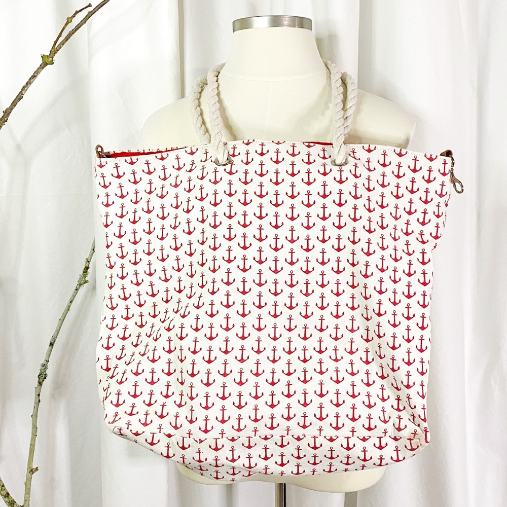 Anchors Up Red & Ivory Beach Bag with Rope Handles